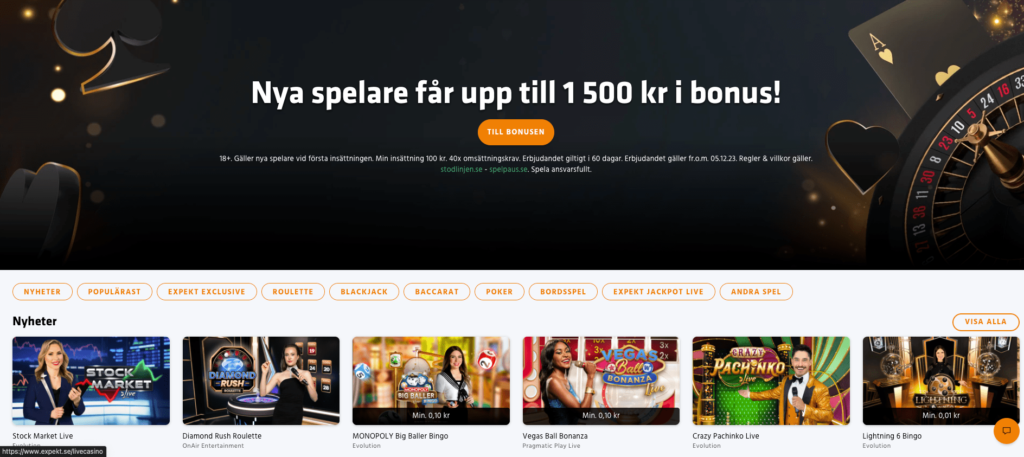 live casino bonus 1500kr nya expekt