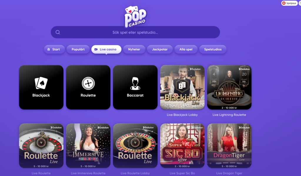 pop casino live casino sektion